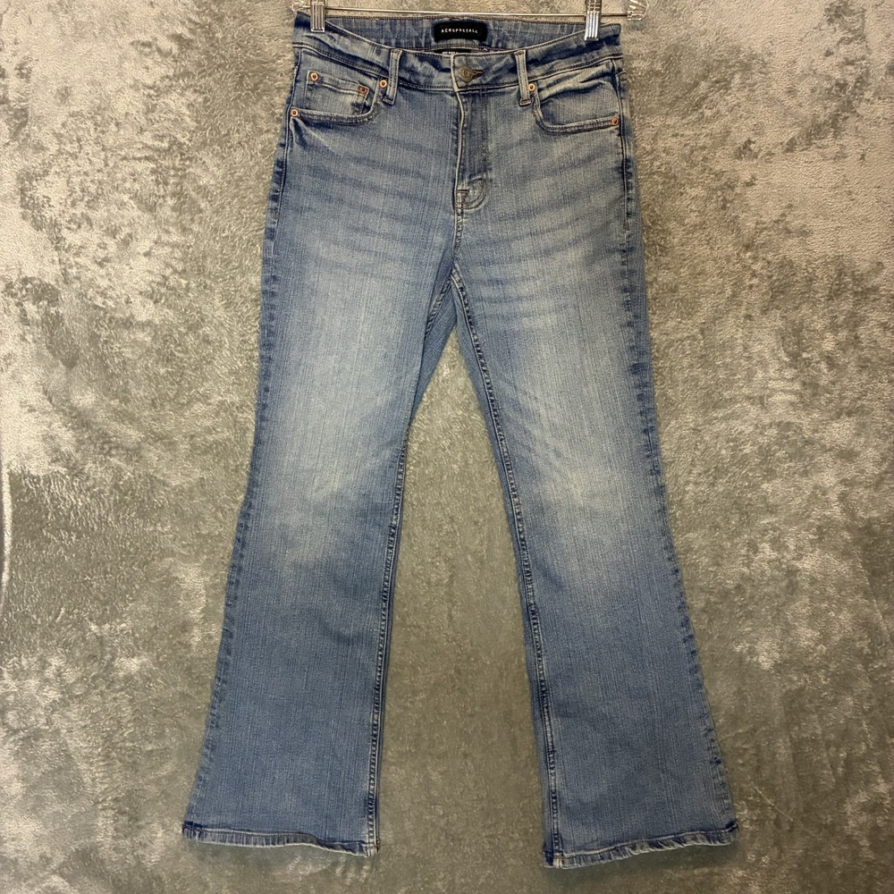 Aero Womens Mid Rise Flare Denim Jean 8 Medium Wash Boho Festival Indie Stretch